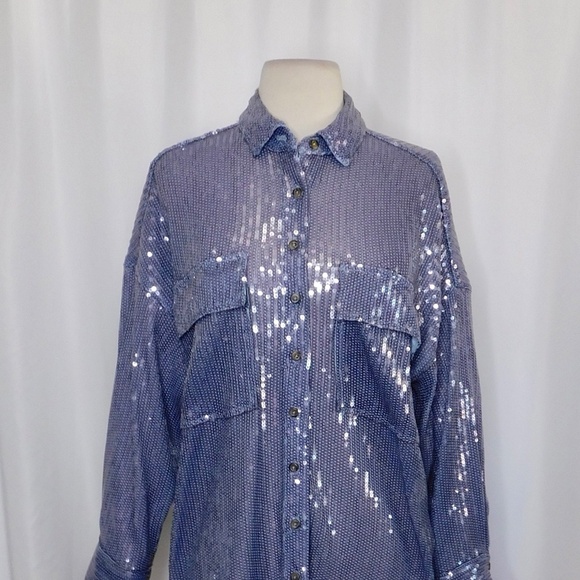 Anthropologie PILCRO Long-Sleeve Oversized Sequin Buttondown Blue Button Up XS - Picture 4 of 16